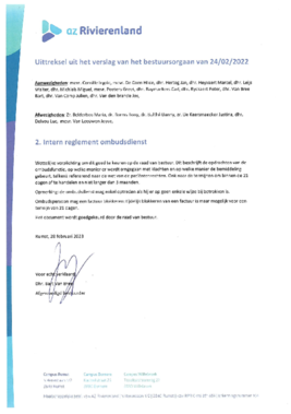 Huishoudelijk reglement ombudsdienst - bekrachtiging bestuursorgaan