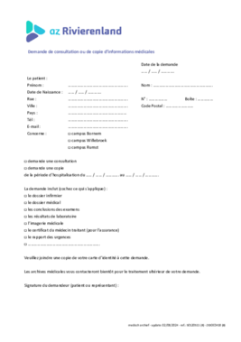 Aanvraag inzage of afschrift medische informatie FRANS